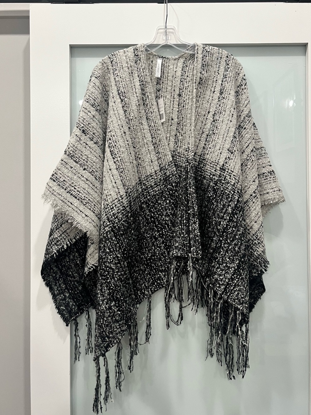Mia & Tess Black and White Ombre Fringe Poncho, One Size